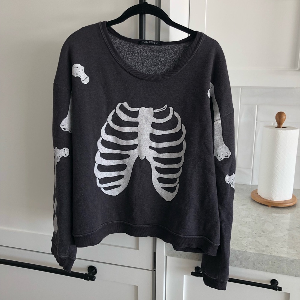 Wildfox OG Inside Out Skeleton Sweatshirt Charcoal Grey Black Medium Halloween